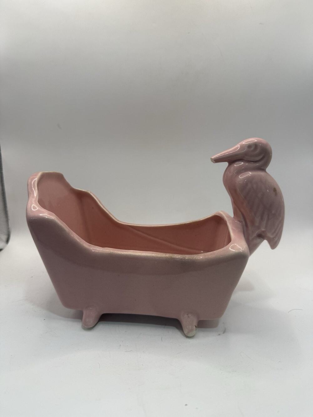 Vintage Pink Ceramic Stork Heron Bird Planter Mid Century Pottery 8” MCM Decor *